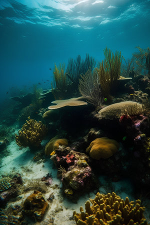 Underwater view of coral reef with hard corals and tropical fishの素材