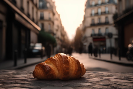 Freshly baked croissant on a cobblestone street in Paris, Franceの素材