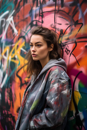 Portrait of a beautiful young woman in a stylish jacket on a background of graffitiの素材