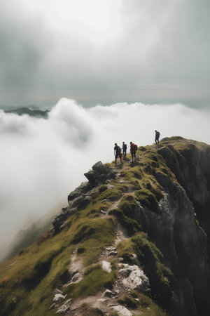 Hikers on top of a mountain in the fog. Beautiful landscapeの素材