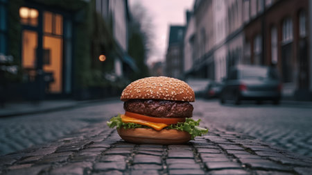Hamburger on the cobblestone street in Amsterdam, Netherlandsの素材