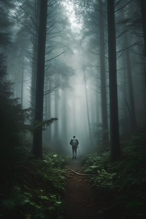 Hiker in the forest with a backpack on his back and foggy backgroundの素材