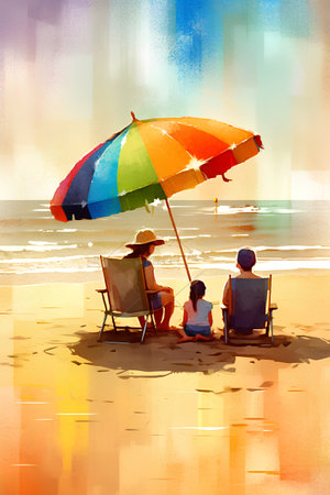 Illustration of a family sitting on the beach under a colorful umbrellaの素材