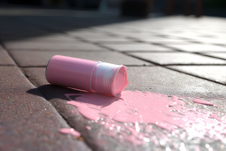 A pink plastic cup on the pavement with a spray of pink paintの素材