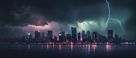 Thunderstorm over skyscrapers at night in Dubai, United Arab Emiratesの素材