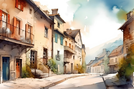 Watercolor drawing of a street in Paris, France. Watercolor painting.の素材