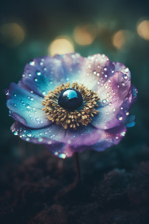 Blue anemone flower with water drops on dark background with bokehの素材