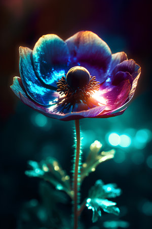 Beautiful blue anemone flower on a dark background, soft focusの素材
