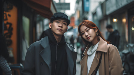young asian couple walking in the city. man and woman lifestyleの素材