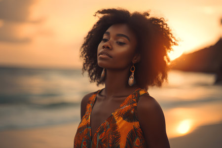Beautiful african american woman with afro hairstyle at sunset on the beachの素材