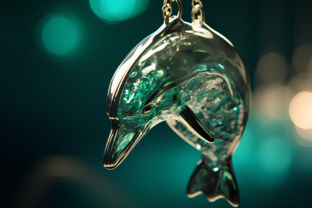 Christmas toy dolphin on a green bokeh background. 3d renderingの素材