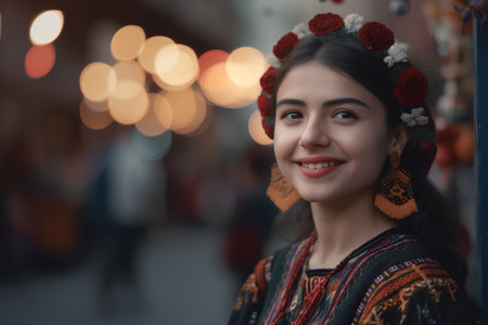 Portrait of a beautiful girl in a Ukrainian costume in the cityの素材