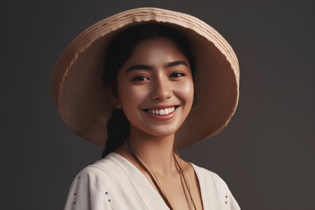 Portrait of beautiful asian woman in straw hat smiling at cameraの素材