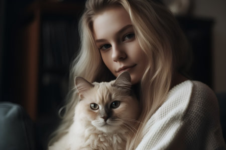 Beautiful girl with a cat at home. Portrait of a beautiful young woman with a pet.の素材