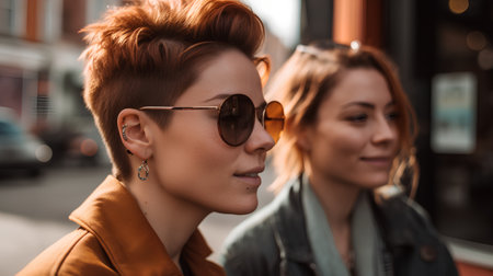 portrait of two young women in sunglasses walking in the city.の素材
