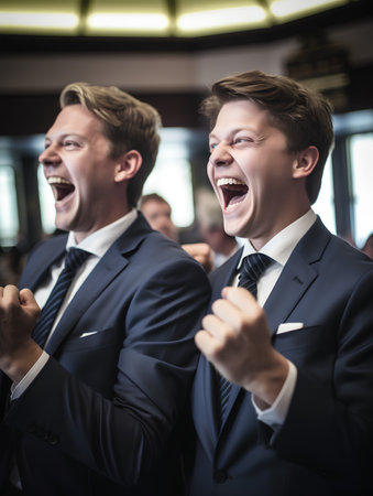 Portrait of happy business people celebrating success in office. Success in business concept.の素材