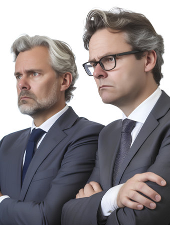 Portrait of two serious businessmen looking at camera, isolated on whiteの素材