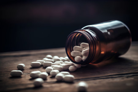 White pills spilling out of a brown bottle on a wooden table.の素材