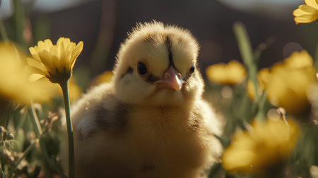 Cute little chicken on the grass with yellow flowers in the backgroundの素材