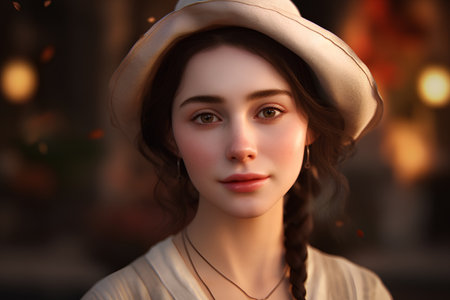 Portrait of a beautiful young woman in a hat on a background of a city street.の素材