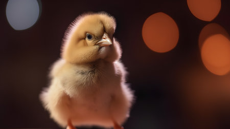 Cute little chicken on a dark background with bokeh.の素材