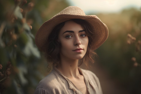 Portrait of a beautiful girl in a straw hat in the fieldの素材
