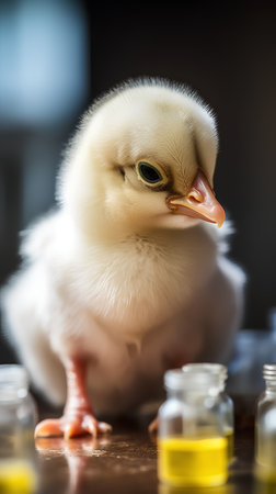 Cute little chicken on a dark background. Selective focus.の素材
