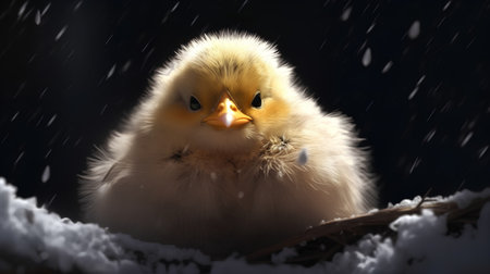 Cute little chicken in the snow on a dark background with falling snowの素材
