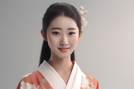 Portrait of beautiful asian kimono woman on gray backgroundの素材