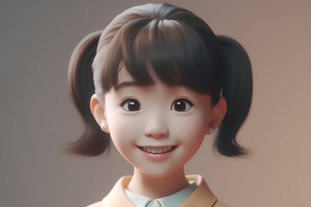3d illustration of a cute asian girl smiling and looking at cameraの素材
