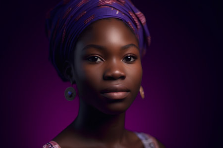 Beautiful african woman with headscarf on purple background.の素材