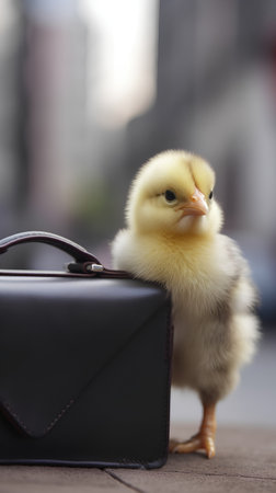 Cute little yellow chicken and black leather briefcase on wooden tableの素材