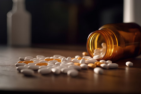 Pills spilling out of a bottle on a wooden table. Focus on foreground.の素材