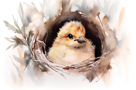 Watercolor illustration of a chick in a nest. Hand drawn.の素材