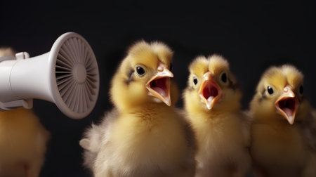 Chickens with a megaphone on a black background.の素材