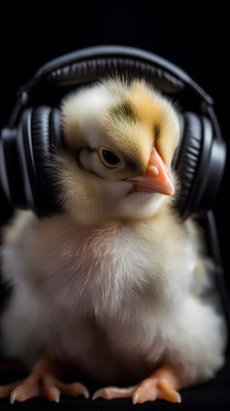 Cute little chicken with headphones on a black background. Selective focus.の素材
