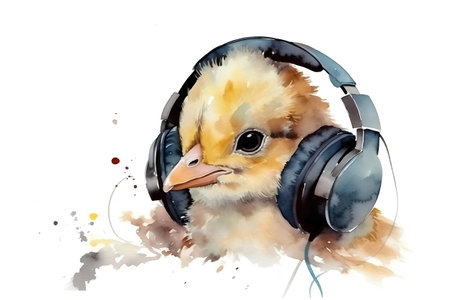 Chick with headphones. Watercolor illustration on a white background.の素材