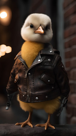 Cute little chick in leather jacket on brick wall background. Retro styleの素材