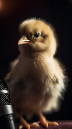 Cute little chicken with microphone on dark background. Studio shot.の素材