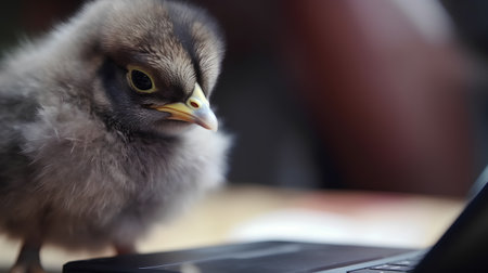 Little chick sitting on a keyboard and looking at the camera. Shallow depth of fieldの素材