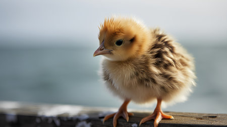 Cute little chicken standing on a wooden pier by the sea.の素材
