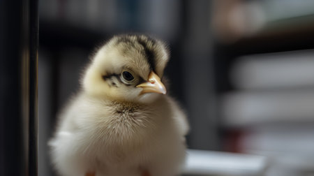 Cute baby chicken sitting on a shelf in the living room.の素材