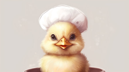 Cute little chicken in chef hat and chef's uniform. Vector illustrationの素材