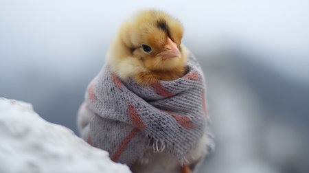 chick in a scarf on the snow, closeup of photoの素材