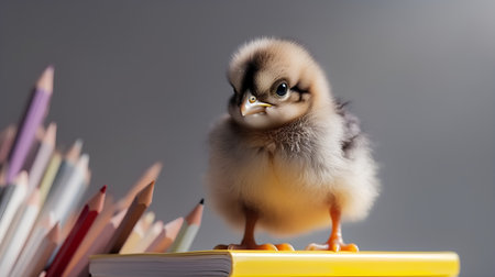 Cute little chick and school supplies on grey background. Studio shot.の素材