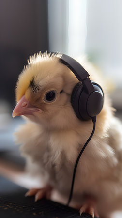 Cute little chick listening to music on headphones. Selective focus.の素材