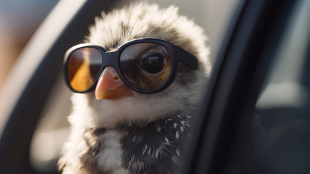 Cute little chick wearing sunglasses in car. Selective focus.の素材