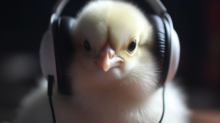 Cute little chick in headphones listening to music on a dark backgroundの素材