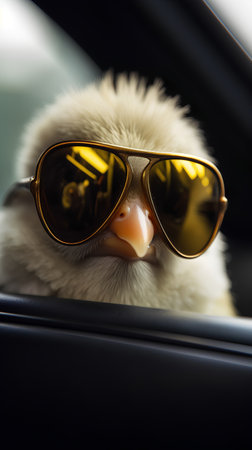 Cute chick with sunglasses in a car. Close-up.の素材