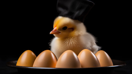 chick in a black hat with eggs on a black background.の素材